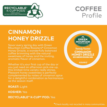 Green Mountain Keurig k-cup, Cinnamon Honey Drizzle Flavored Light Roast, 24 pods/box