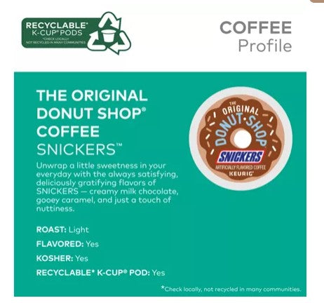 The Original Donut Shop Keurig k-cup, Snickers Flavored Light Roast, 12 pods/box